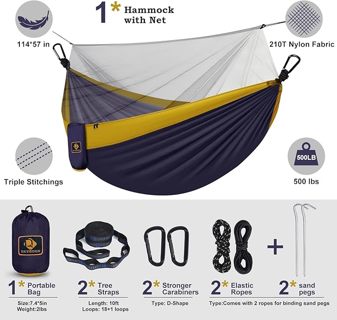 Camping Hammock with Net,Travel Portable Lightweight Hammocks with Tree Straps and Solid D-Shape Carabiners,Parachute Nylon Hammock for Outsides Backpacking Beach Backyard Patio Hiking