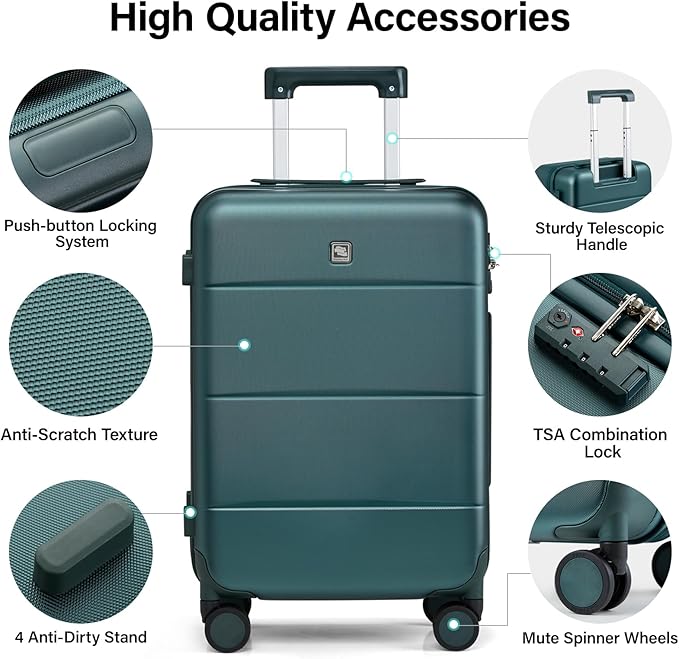Hanke 20 Inch Carry On Luggage 22x14x9 Airline Approved PC Hard Shell Suitcases with Wheels TSA Luggage for Women Men Lightweight Travel Luggage(Blackish Green)