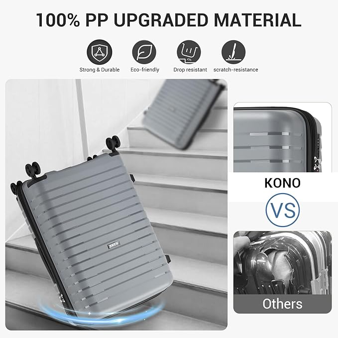 Kono 20 Inch Expandable Carry On Luggage with Spinner Wheels, Durable Hardside Luggage with Hidden Cup Holder, Lightweight Hard Shell Carry On Suitcase Airline Approved with TSA Lock(Light Grey)