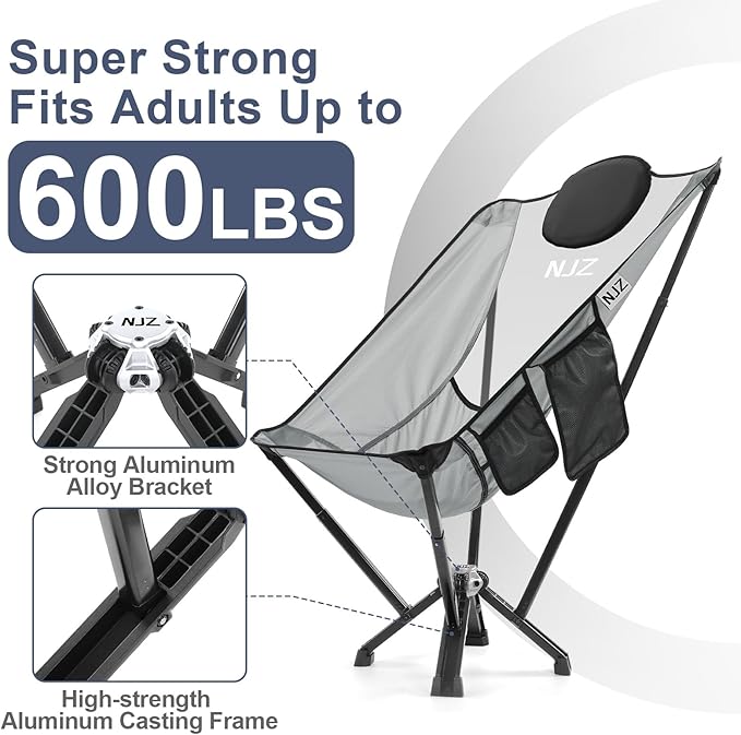 High Back Camping Folding Chairs - 600 LBS Capacity Heavy Duty Camping Chair with Comfortable Backrest & Headrest, Quick Setup - Compact Camp Chair for Picnic, Fishing, Beach, Lawn - Silver