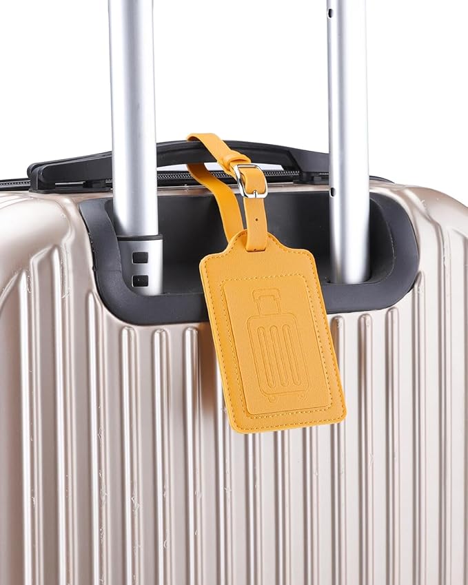 Teskyer Luggage Tags for Suitcases, TSA Approved with Privacy Protection Cover, Premium Faux Leather Bag Tags for Travel - 4 Pack, Yellow