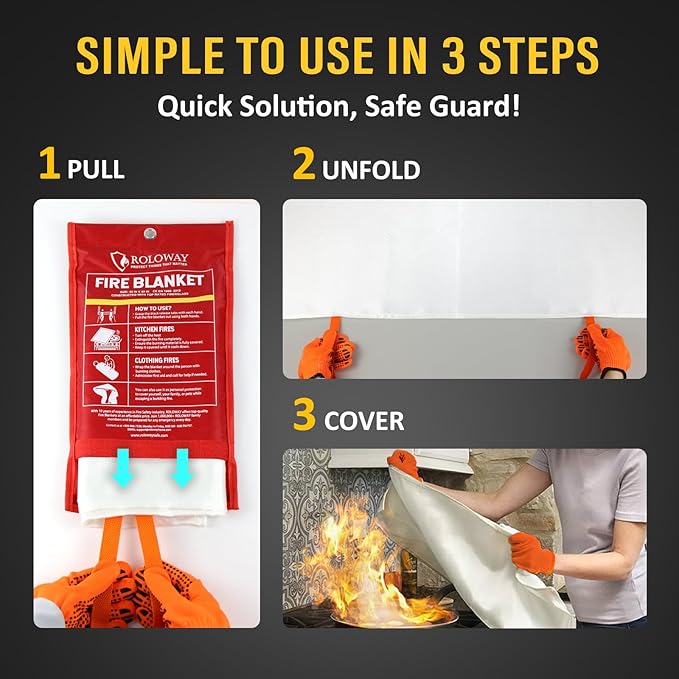 ROLOWAY Emergency Fire Blanket for Home and Kitchen, Fire Blankets Emergency for Home Safety (40 x 40 Inch) with Hooks, Gloves, Fire Suppression Blanket with Emergency Whistle for Fire Safety (2 Pack)