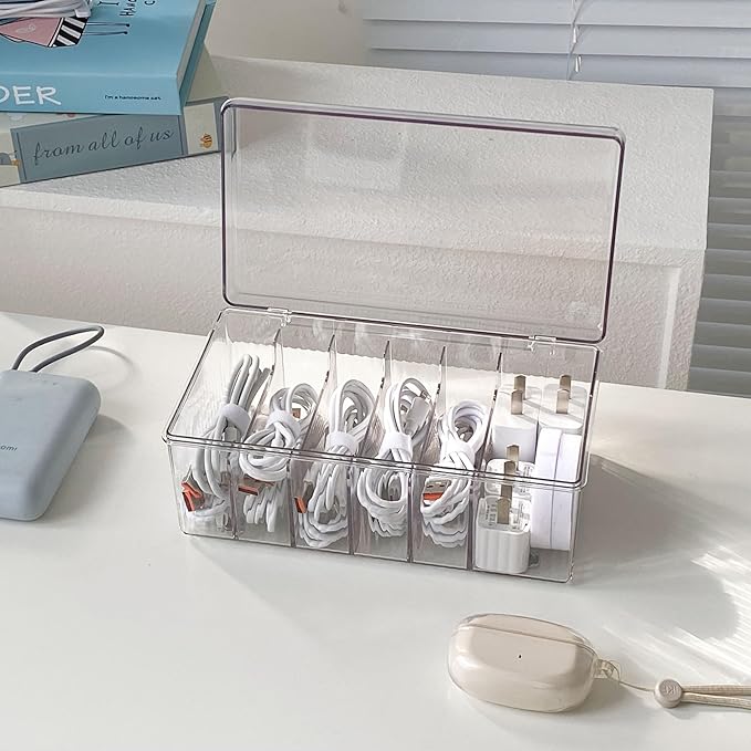 Yesesion Large Cord Organizer Box with Lid and 6 Compartments, 2 Pack Plastic Cable Storage Boxes with Wire Ties, Clear Desk Drawer Organizer for Phone Charger, Battery, Home Office Supplies