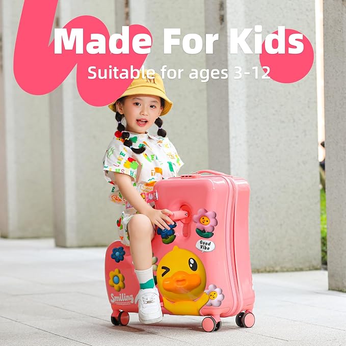Kids Luggage, Lightweight Ride on Luggage with Spinner Wheels & Foldable Design (20-Inch+ Aged 1-3 Toddler, Pink Flower),Children Holiday Birthday Gift