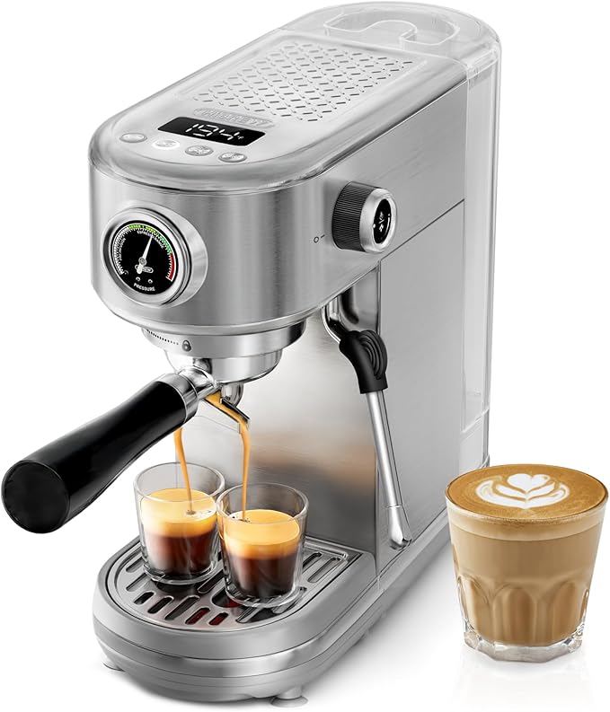 HIBREW H10B - 51mm Espresso Machine - Temperature & Cup Volume Adjustable at will - With Intelligent Display Screen & Pressure Gauge - Stainless Steel Body(Metallic Grey)