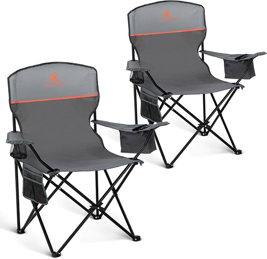 HIGH POINT SPORTS 2 Pack Portable Camping Chair for Adults, Folding Outdoor Camp Chair Lightweight Lawn Chairs Folding Collapsible Chair for Camping, Tailgates, Beach, Gray, Support 225lbs