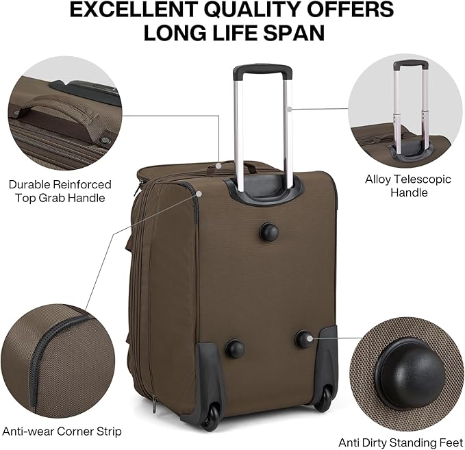 Hanke Large Expandable checked Luggage Suitcases with Wheels Foldable Duffle Bag for Travel suitcase for Women Men Garment Bag（Coffee）