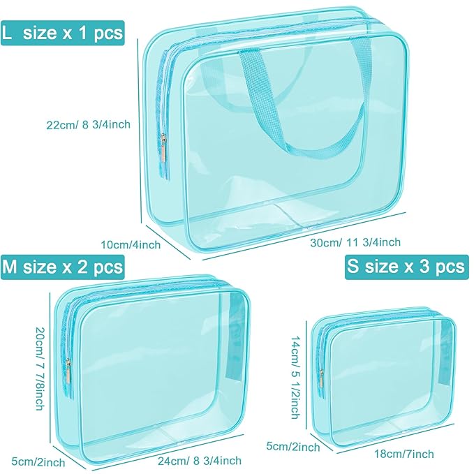 APREUTY Clear Makeup Bags, TSA Approved 6 Pcs Cosmetic Makeup Bags Set Clear PVC with Zipper Handle Portable Travel Luggage Pouch Airport Airline Vacation Organization(Light Blue)