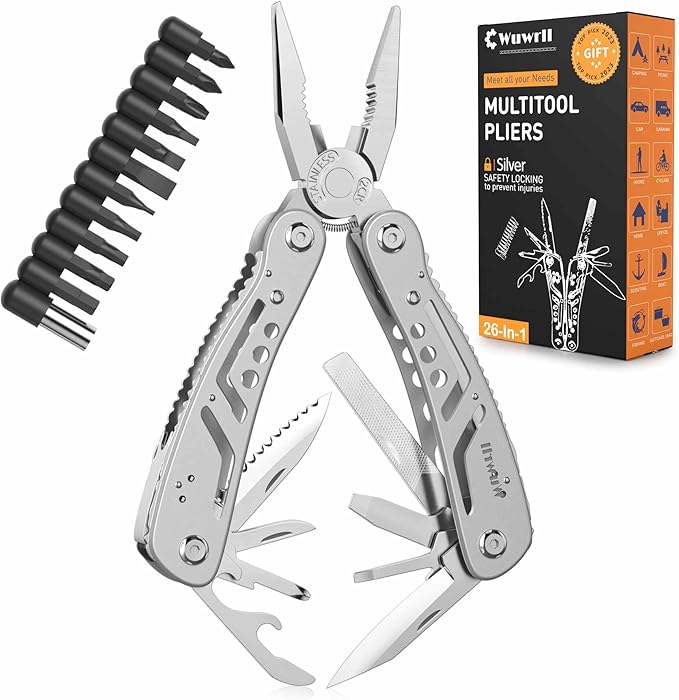 26-in-1 Multitool, Professional Stainless Steel Multi-Tool, Pocket Knife with Heavy Duty Pliers, Screwdriver, Replaceable Bits for Outdoor, (Silver)