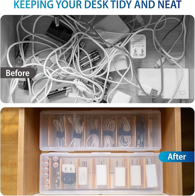 2 Pack Cable Organizer Storage Box with 16 Cable Ties, Clear Phone Charger Organizer Case Wire Organizers for Cords Electronic Storage Box for Drawer Desk Office Home