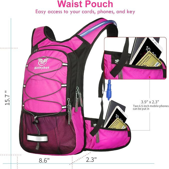 Insulated Hydration Backpack Pack with 3L BPA Free Leak Proof Water Bladder, Large Storage Lightweight Hiking Daypack with Waist Pouches & Cooler Layer, for Running, Biking, Camping, Festival