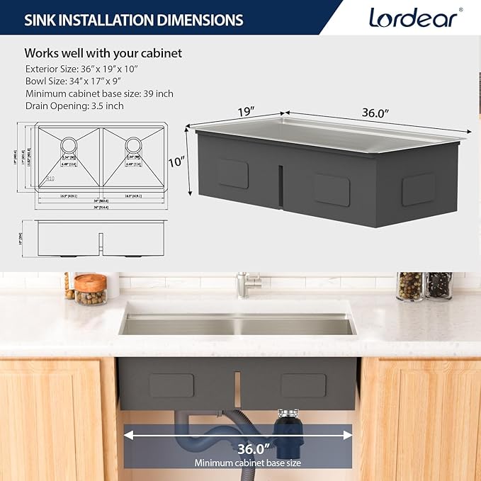 Lordear 36 Inch Undermount Kitchen Sink Double Bowl Stainless Steel Kitchen Sinks 50/50 Low Divided 16 Gauge Undermount Sink 36x19x10 Inch Handmade