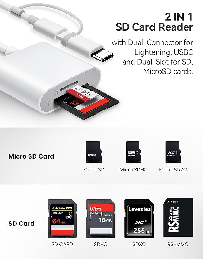 SD Card Reader for iPhone, SD Card Adapter with Lightening & USBC Dual-Connector for iPhone 5-14, USB-C iPhone 15, iPad, Mac or MacBook, Supports SD MicroSD Trail Camera Viewer, Plug and Play
