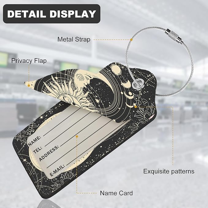 2Pack Luggage Tags for Suitcases, Cute Unique Pu Leather Cruise Luggage Tag with Privacy Cover ID Label Address Card and Metal Ring Suitable for Women Men Kids Travel Bag Sun and Moon Face