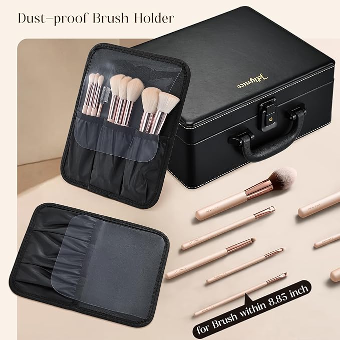 Joligrace Travel Makeup Case with Mirror, Makeup Organizer Case, PU Leather Makeup Train Case Portable Vanity Case Make up Box Countertop Storage Bag for Women,with Adjustable Dividers & Brush Holder