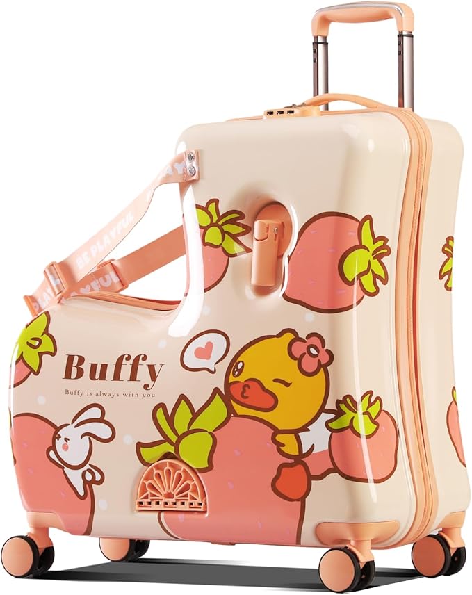Kids' Lightweight Ride on Luggage with Spinner Wheels & Foldabe Design (Pink Strawberry, 20"+ Aged 1-3 Toddler)