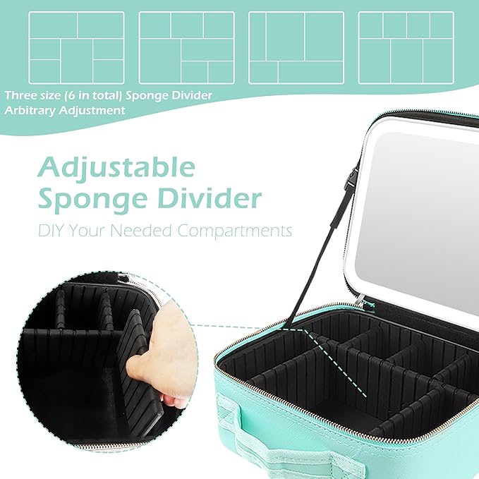 MOMIRA Travel Makeup Bag Cosmetic Bag Makeup Organizer Bag with Lighted Mirror, Adjustable Brightness in 3 Color Scenarios, Waterproof Makeup Train Case, Gift for Women - Green