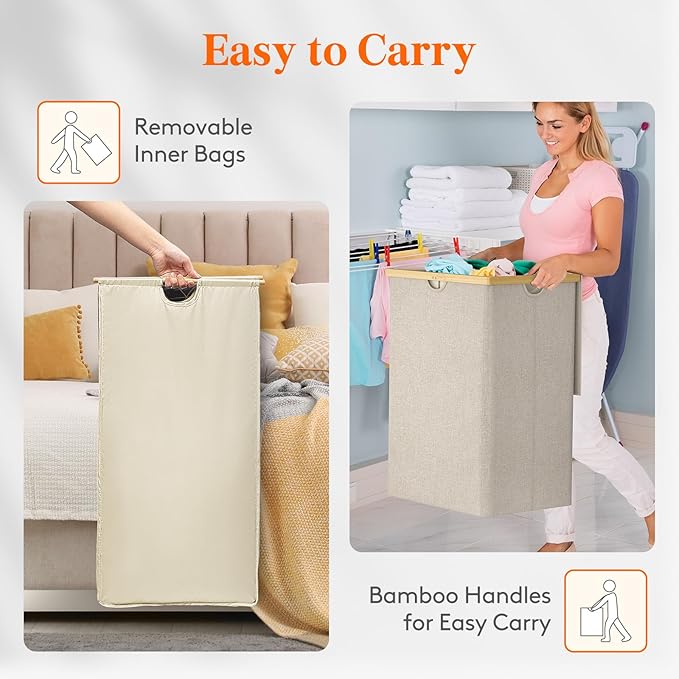 Lifewit 160L Double Laundry Hamper with Lid, Extra Large Bamboo Laundry Basket Dirty Clothes Hamper, 2 Section Laundry Bin Organizer for Laundry Room Bedroom with 2 Removable Liners & Bags, Beige