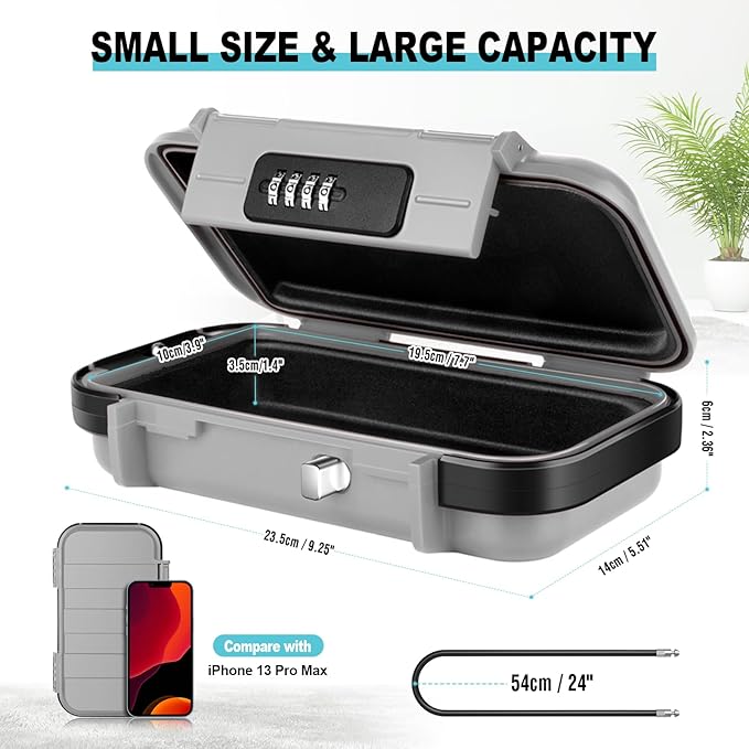HUANLANG Portable Safe Lock Box with Combination Lock Mini Beach Travel Safe Waterproof Small Lockable Box with Removable Wire Rope Combination Safe Box for Dorm,Travel,Beach,Hotel,Car,Home,Office
