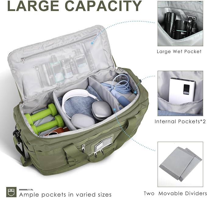 ETRONIK Travel Bag for Men Women, Gym Bag & Tactical Duffle Bags for Travel, Carry on with Toiletry Bag and Shoe Compartment, Weekender Overnight Trip with Wet Pocket for Workout Medical, Green