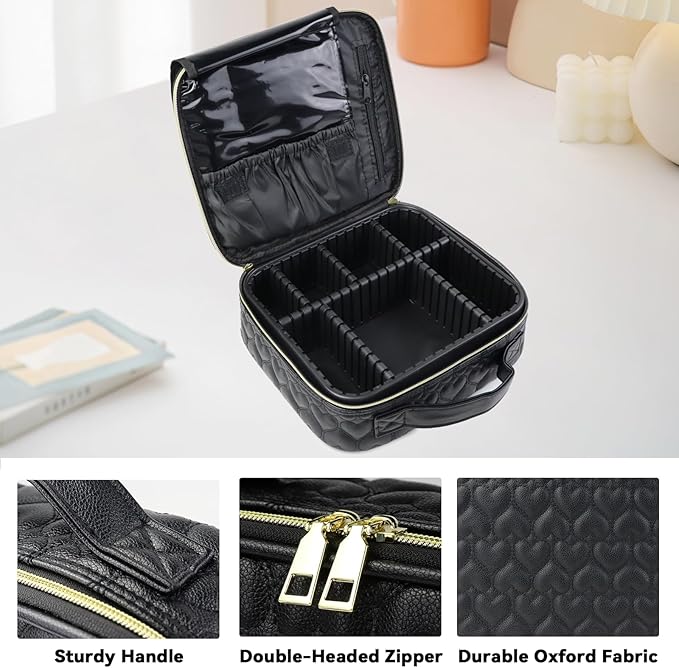Travel Makeup Bag Makeup Cosmetic Train Case Organizer Portable Storage Bag with Adjustable Dividers for Cosmetics Makeup Brushes Toiletry Jewelry Heart Pattern