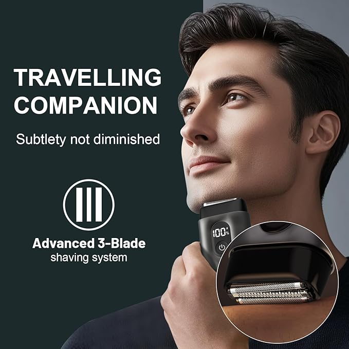 Electric Foil Shavers for Men: Mini Electric Razor with Big LED Display & 3 Floating Blades - IPX7 Waterproof Wet Dry Face Razor, USB Type C (Black Dark)