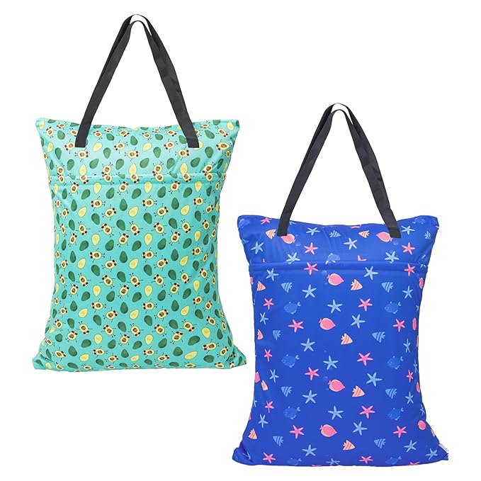 ALVABABY 2 Pack Large Wet Dry Bag Waterproof Hanging Cloth Diaper with Double Zippered Pockets 25x18 inches (Avocados and starfish)
