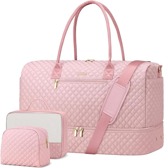 Travel Duffle Bag for Women Weekender Overnight Bag with Shoe Compartment with Gym with Wet Pocket for Labor and Delivery 3 Pcs Set Pink