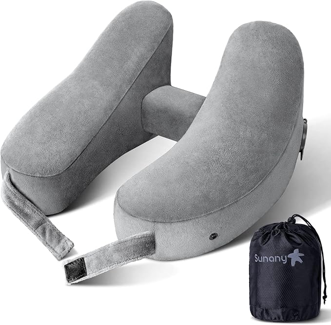Sunany Neck Pillow for Travel Inflatable Airplane Pillow Comfortably Supports Head, Neck and Chin, Inflatable Travel Pillow with Soft Velour Cover and Portable Drawstring Bag (Grey)