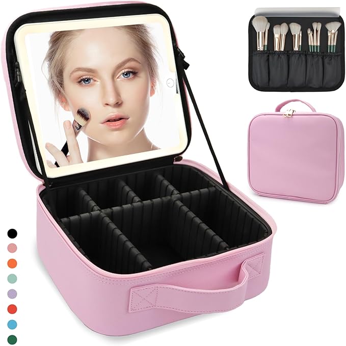 Travel Makeup Bag for Women and Makeup Artists Cosmetic Organizer Large Makeup Case,Travel Makeup Bag with Mirror 3 Color Setting,Portable Storage and Adjustable Dividers(Light Pink)