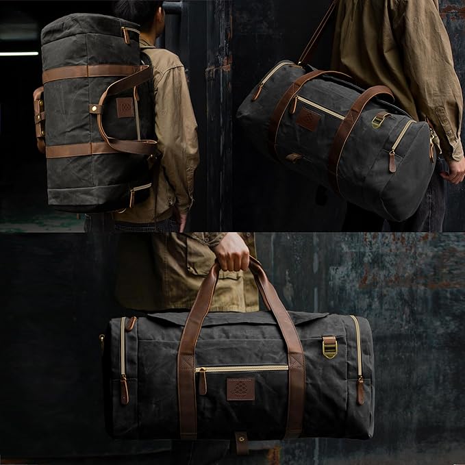 50L Duffle Bag for Men, Nomad Waxed Canvas Travel Duffel Bag Vintage Genuine Leather Travel Handbag Upgraded Weekender Overnight Backpack with Shoes Compartment (Vintage Black, Large-50L)