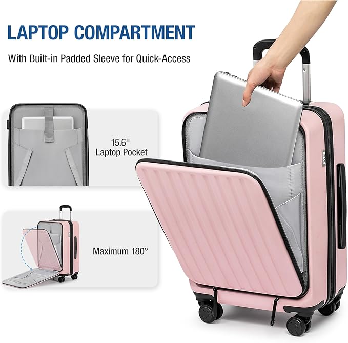 KYME 22-Inch Hardside Small Suitcase, 100% PC Hard Shell with Laptop Compartment, TSA Lock, Double Wheels, Pink