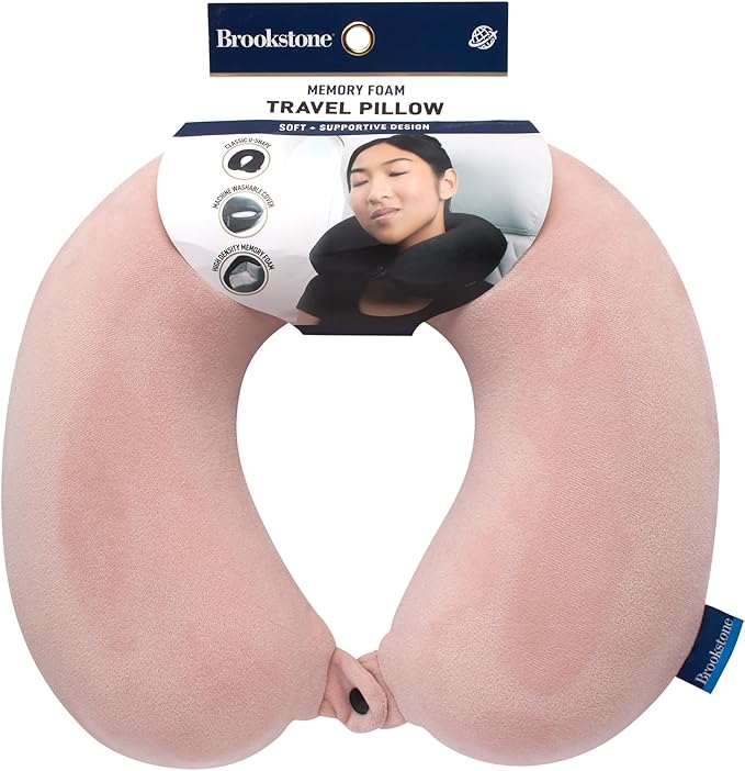 Brookstone Travel Neck Pillow - Lightweight Fleece Casing U-Shaped Stuffable Memory Foam Travel Pillow for Sleeping and Neck Support, Soft Pink