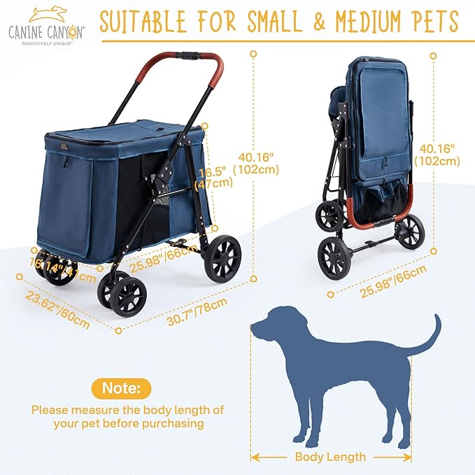 Upgraded 4 Wheels Pet Stroller for Small/Medium Dogs- One Button Fold, Adjustable Mesh Windows and Shades, 360° Swivel Front Wheels and Rear Wheel Brake