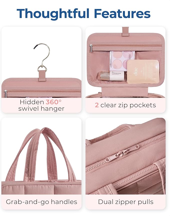 BAGSMART Travel Toiletry Bag with Jewelry Organizer, Hanging Travel Bag for Toiletries, Puffy Makeup Cosmetic Bag Organizer, Carry-on Travel Accessories Essentials, Dark Pink-M