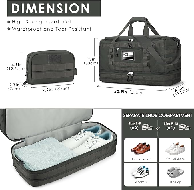ETRONIK Travel Bag for Men Women, Gym Bag & Tactical Duffle Bags for Travel, Carry on with Toiletry Bag and Shoe Compartment, Weekender Overnight Trip with Wet Pocket for Workout Medical, Gray