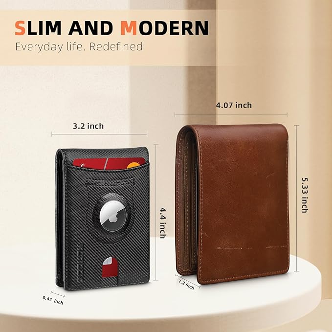 RUNBOX AirTag-Wallet-Mens-Slim-RFID Blocking Wallets Leather with Bill Compartment Air Tag Bifold Card Holder Wallet Gifts for Men Dad