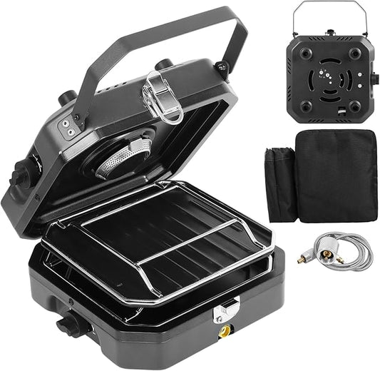 Adjustable 2 Burner Portable Camping Stove Propane (16000 BTU) with Camping Grill and Carrying Bag, Folding Propane Stove,Gas Camping Stove with Piezo Ignition for Camping, Backyard BBQ, Black