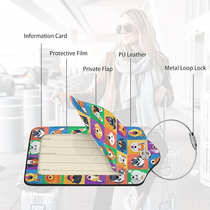 2 Pack Luggage Tags for suitcases Funny Cute Color Dog Luggage Tag, Leather Stainless Steel Loop Label Tag for Men Women Travel Bag Suitcase(Dog)