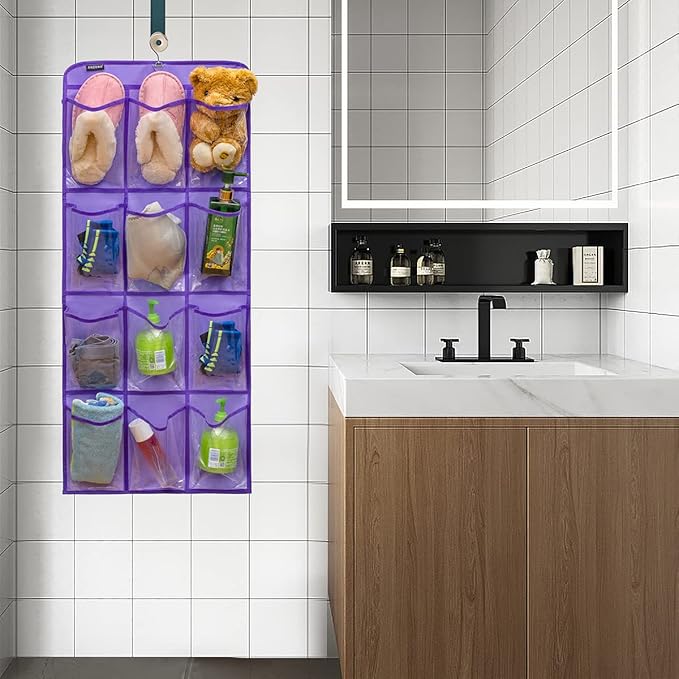 Dual Sided Hanging Shoe Organizer for Closet with Rotating Hanger Hanging Shoe Rack Holder with 24 Large Pockets (Purple-Clear Pockets)