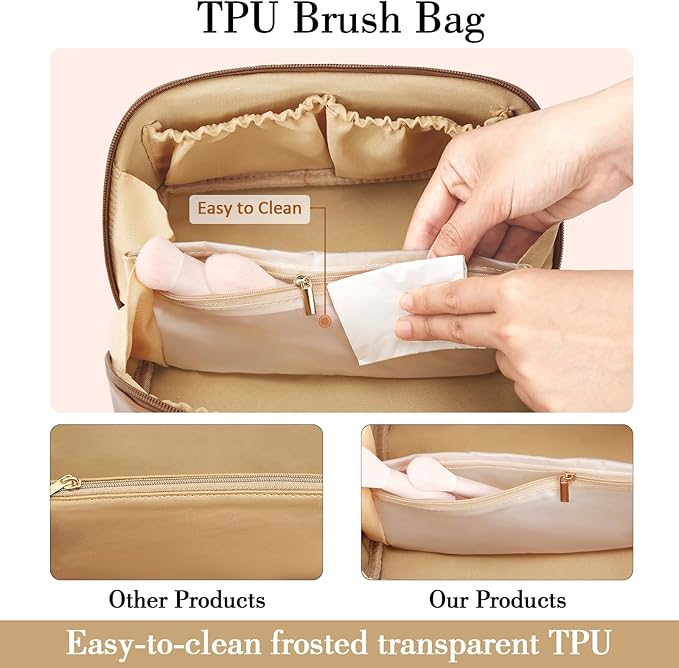 Birthday Gifts for Women Teen Girl, Personalized Initial Makeup Organizer Bag Set, Open Flat Travel Cosmetic Bag With Clear Divider and Handle(Beige,W)