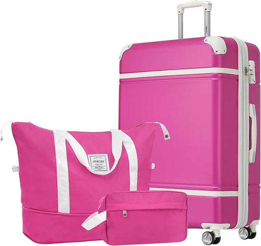 Merax Suitcase Set 24 inches Expandable Luggage with TSA Lock Spinner Wheels Hardshell Lightweight Vintage Luggage with Travel Bag,Pink