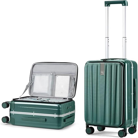 Hanke 20 Inch Carry On Luggage Aluminum Frame Front Opening Rolling Suitcase PC Hard Sided Luggage with Spinner Wheels Travel Luggage for Woman Men Gifts.(Dark Green)