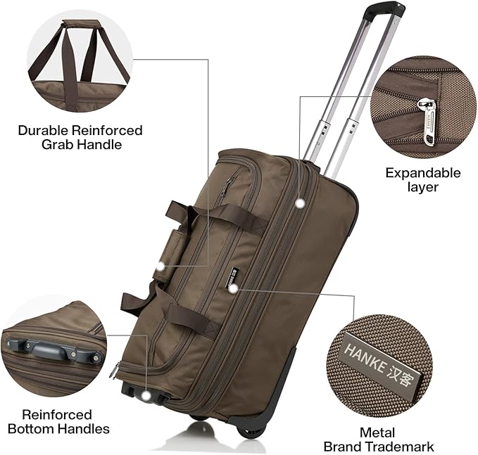 Hanke Expandable Carry On Luggage Suitcases with Wheels Foldable Duffle Bag for Travel Carry On suitcase Weekend Bag for Women Men（Coffee）