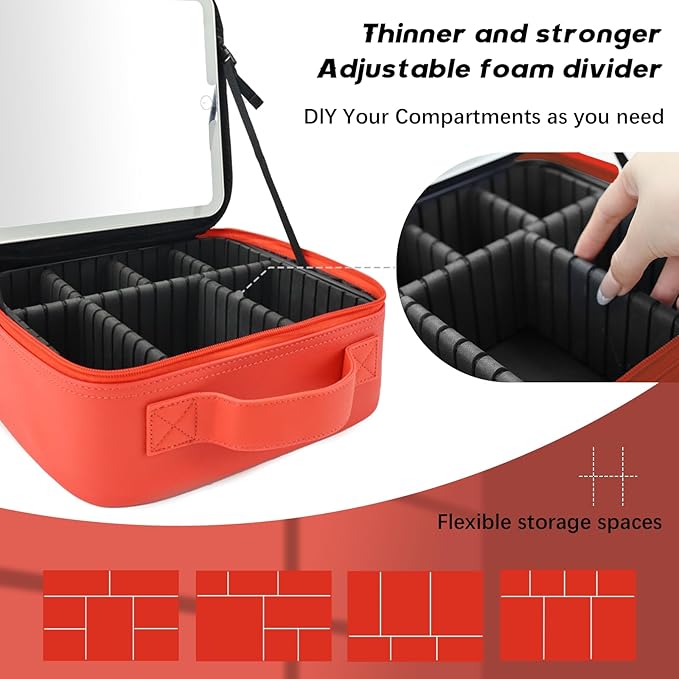 Makeup Bag with Led Mirror,Travel Makeup Organizer with 3 Color Setting, Portable Storage and Adjustable Dividers Travel Makeup Bag(red)