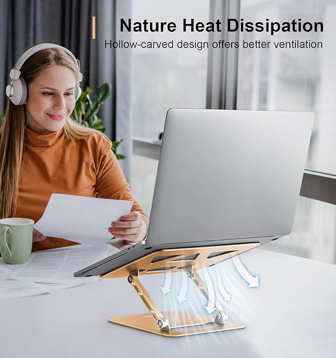 Adjustable Laptop Stand for Desk,Portable Laptop Stand Holder and Riser,Foldable Aluminum Notebook Computer Stands for MacBook Air Pro HP Lenovo Dell Samsung Chromebook, 10-15.6 inch, Gold