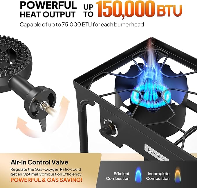 ROVSUN 2 Burner Outdoor Propane Gas Stove 150,000 BTU High Pressure Stand Cooker for Backyard Cooking Camping Home Brewing Canning Turkey Frying, 20 PSI Regulator