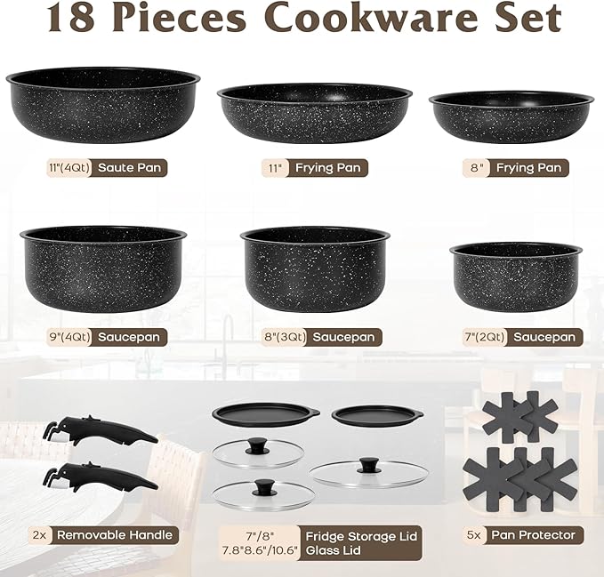 17 Pcs Pots and Pans Set Non Stick, Cookware Sets with Detachable Handle, Nonstick RV Kitchen Cooking Tools Removable Handles, Oven Safe, Induction Fast, Stackable Induction Cookware, Black