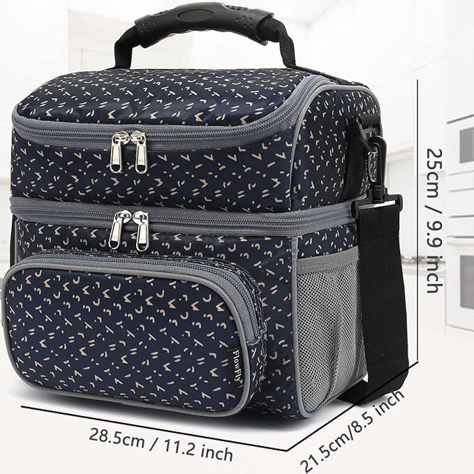 FlowFly Double Layer Cooler Insulated Lunch Bag Adult Lunch Box Large Tote Bag for Men, Women, With Adjustable Strap,Front Pocket and Dual Large Mesh Side Pockets