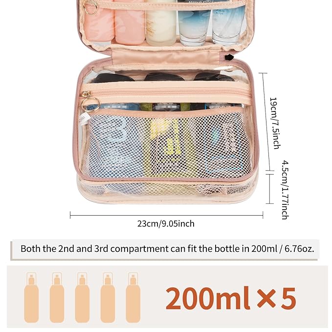 CUBETASTIC Clear Makeup Bag for Women, Transparent Cosmetic Organizer Case for Travelling, Hanging Toiletry Bag for Travel Essentials 3 Comparment Skincare Pouch with Potable Handle